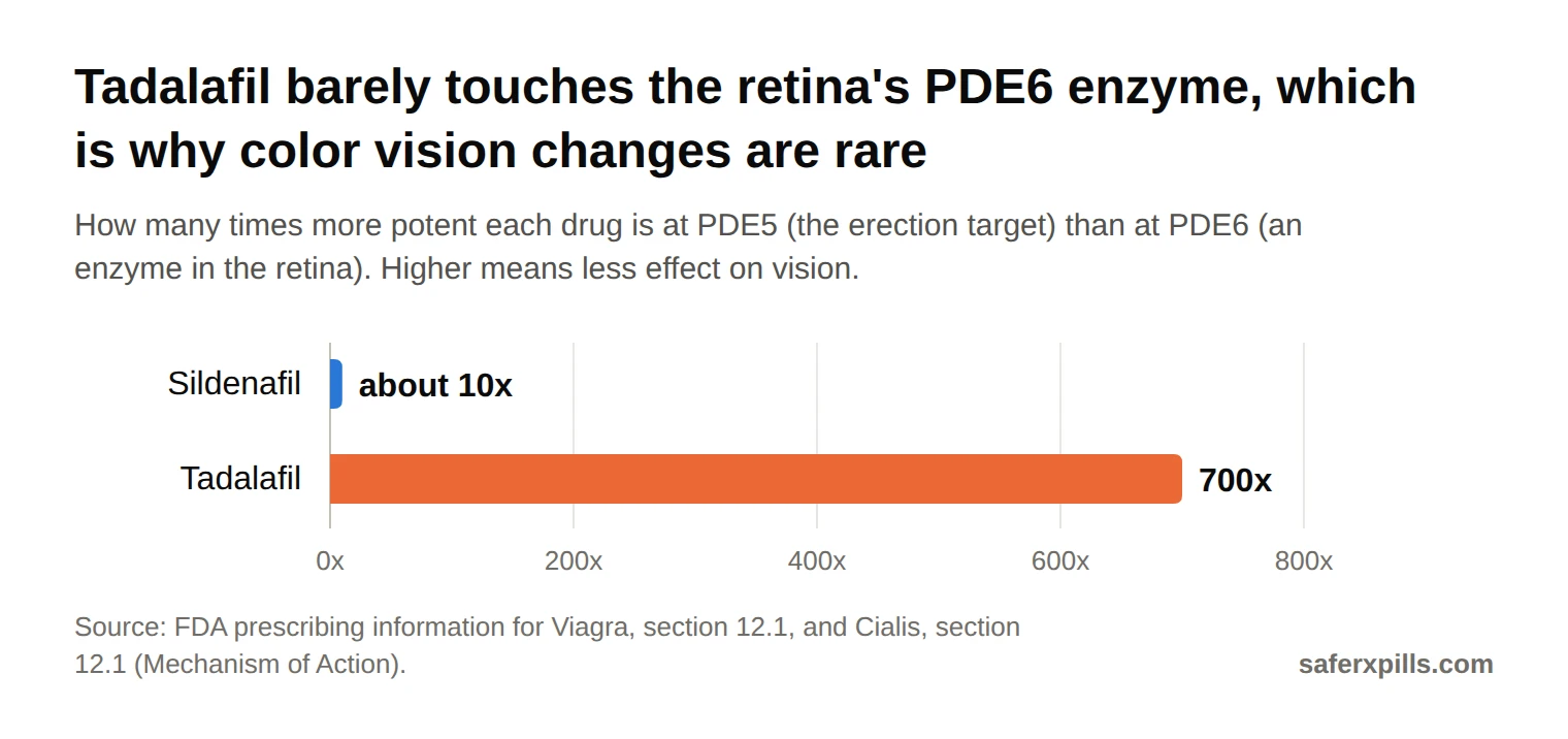 Bar chart of selectivity for PDE5 over the retinal enzyme PDE6: sildenafil about 10-fold, tadalafil 700-fold.