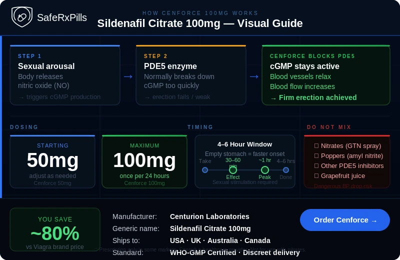 Cenforce 100mg How It Works — Sildenafil Citrate PDE5 Mechanism, Dosing and Timing Infographic | SafeRxPills